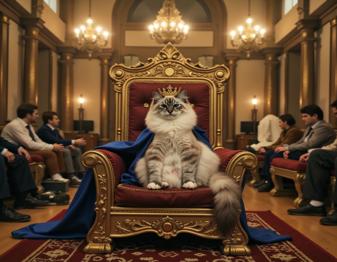 Cat poses regally on a golden throne inside a castle, wearing a crown and cape. Ornate royal decorations surround the scene.